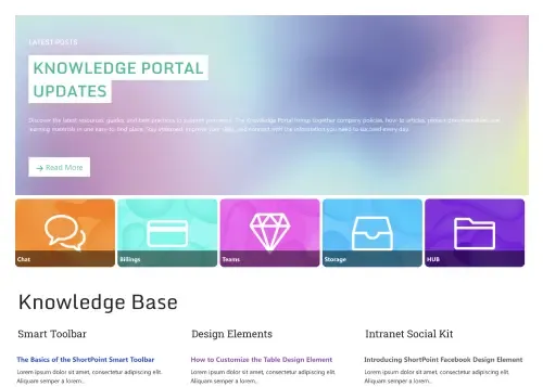 SharePoint knowledge base with FAQ section, category tiles, and document library panel