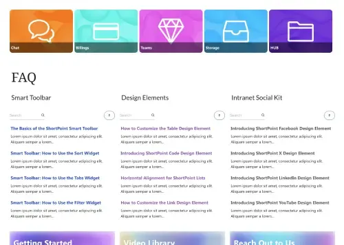 SharePoint knowledge base with news section, events calendar, company highlights, and resource cards