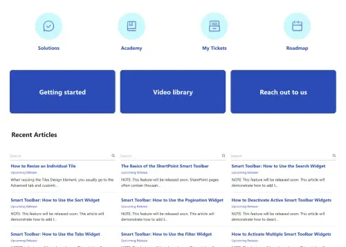 SharePoint knowledge base with document search bar, FAQ accordion, and team updates feed