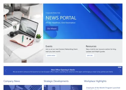 Magazine-style SharePoint news page with hero story, thumbnail grid, and article preview cards