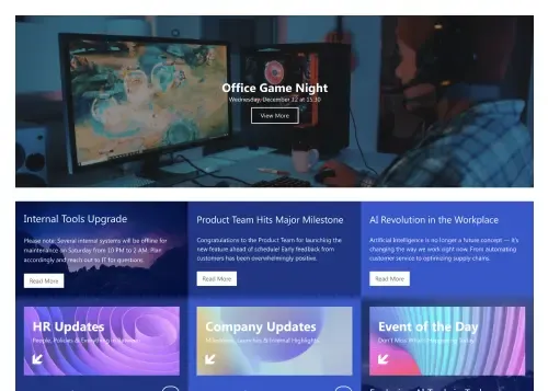 SharePoint news feed with card layout, featured article banner, category labels, and author bylines