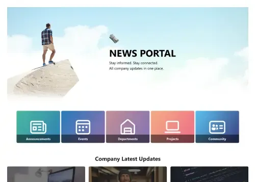 SharePoint news page with large hero story, thumbnail article grid, and scrollable news archive