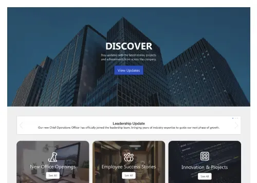 SharePoint news page with category filter tabs, featured story carousel, and article feed
