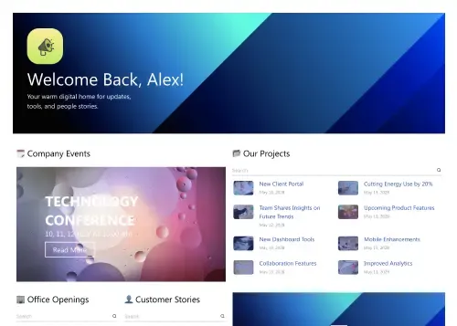 SharePoint news page with vertical timeline layout and media-rich company article entries