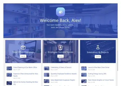 Full-width SharePoint news page with large story images and social like/comment/share buttons