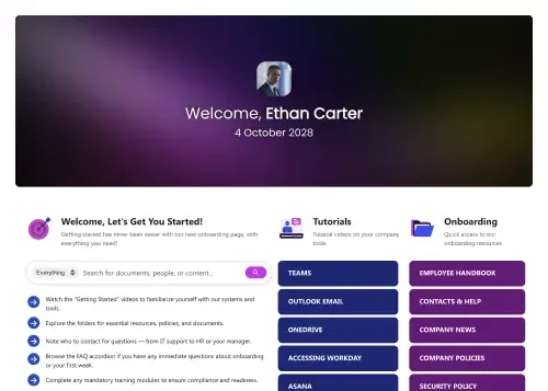 SharePoint onboarding page with centralized resource tiles, task checklist, and quick link buttons