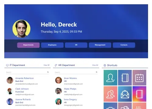 SharePoint team site with member photo directory, team news feed, and shared file document library