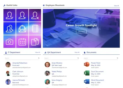 SharePoint team page with project contact cards, task overview panel, and shared resource list