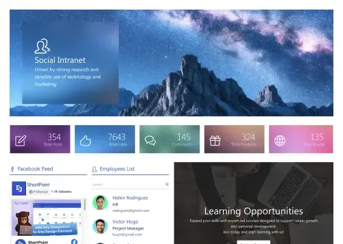 SharePoint social page with activity feed, birthday carousel, shoutout board, and announcement section