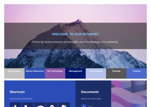 SharePoint social page with employee activity feed, team highlight cards, and culture content section