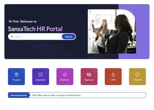 SharePoint employee portal with HR resource tiles, news feed, policy documents, and task management panel
