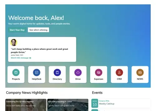 SharePoint welcome hub with new hire checklist, getting-started links, and resource download cards