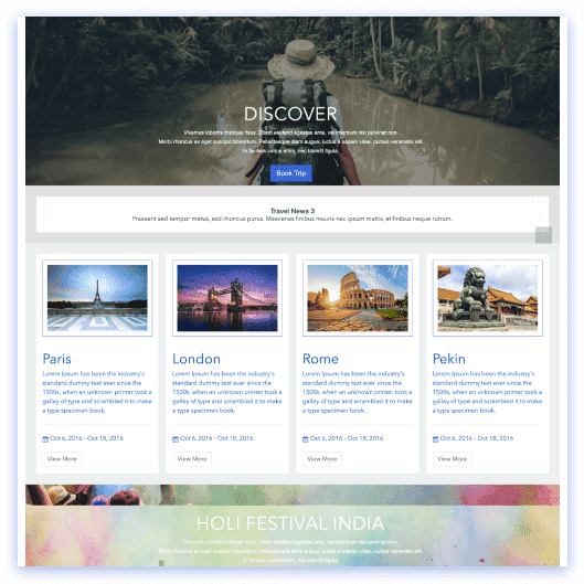 Travel company SharePoint site with destination cards, booking section, and team update feed