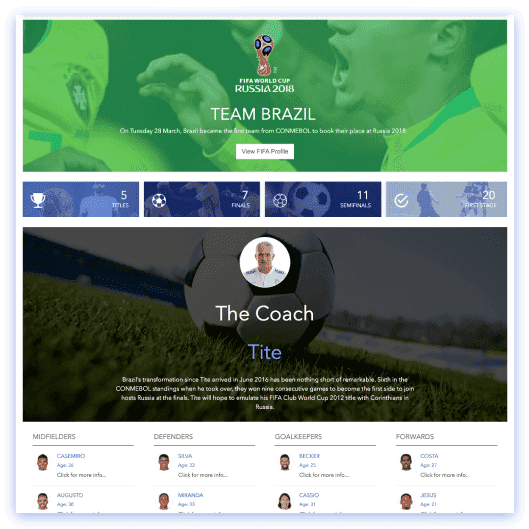 Sports event SharePoint site with match schedule calendar and team highlight cards