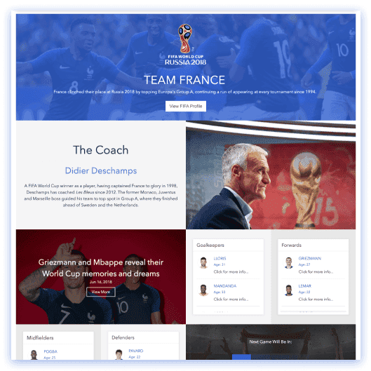 Tournament SharePoint site with group standings table, live scores, and fan engagement section